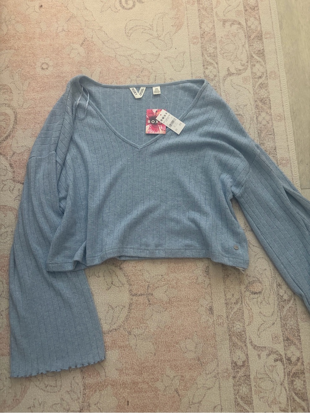 Roxy Light Blue Ribbed V-Neck Cropped Sweater